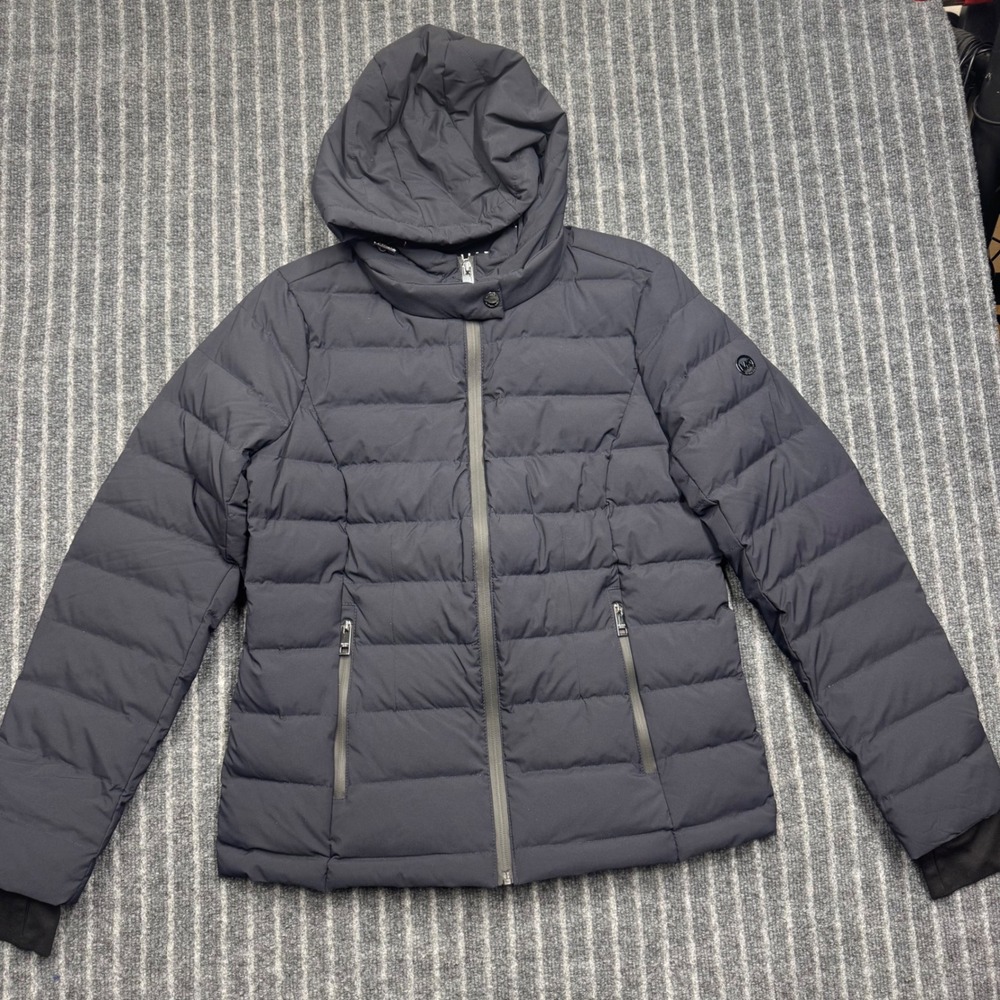 Michael Kors Womens Puffer Jacket Medium Black Down Blend Hooded Water Resistant